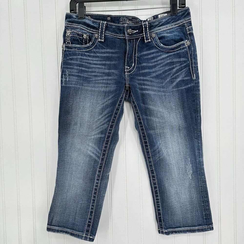 Miss Me Jeans 29 Capri Embroidery Rhinestones Distress Denim Y2K Western *Flaw